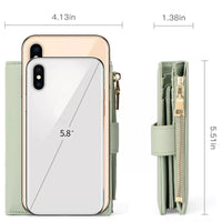 Mint green phone case with dimensions labeled on a white background