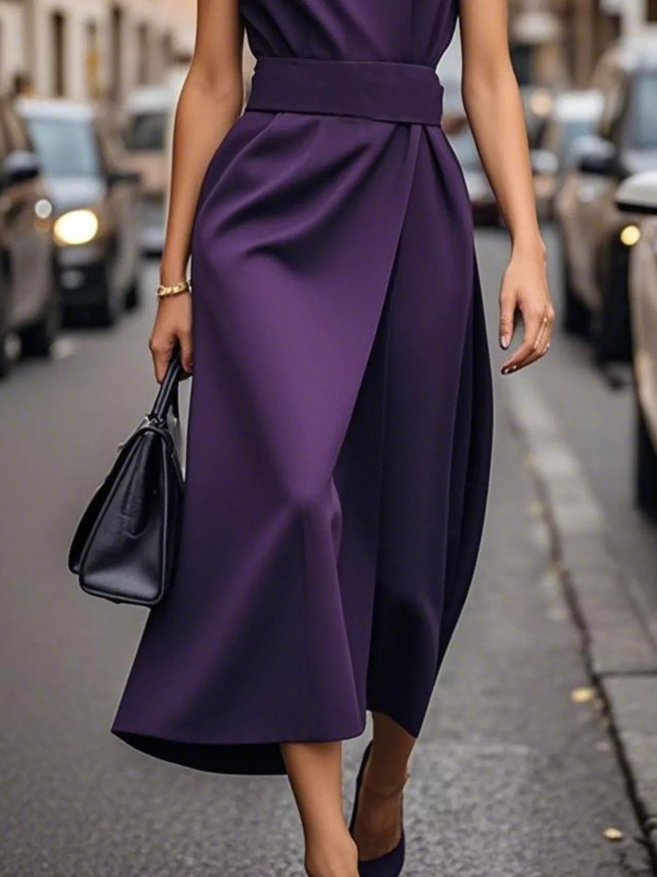 Person wearing a purple dress walking on a street.