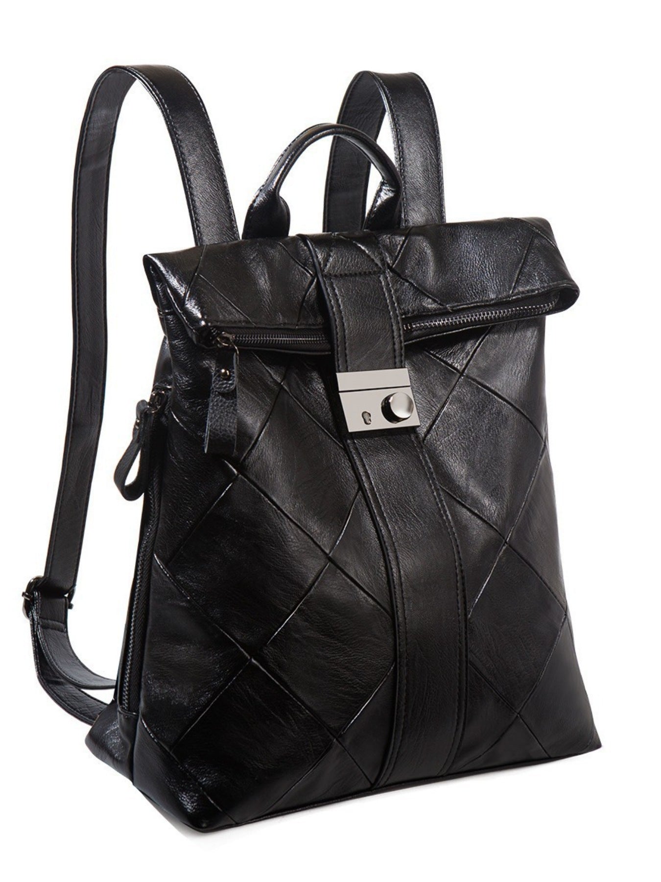 Black woven leather backpack on a white background