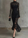 Lace Mock Neck Long Sleeve Mermaid Midi Dress