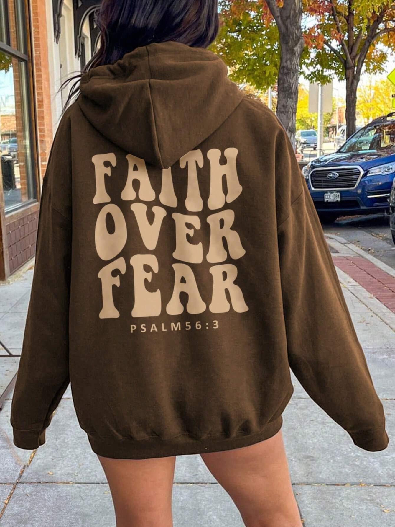 Brown FAITH OVER FEAR Dropped Shoulder Hoodie