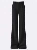 Black wide-leg trousers with a high waist and button closure, shown on a plain light gray background.