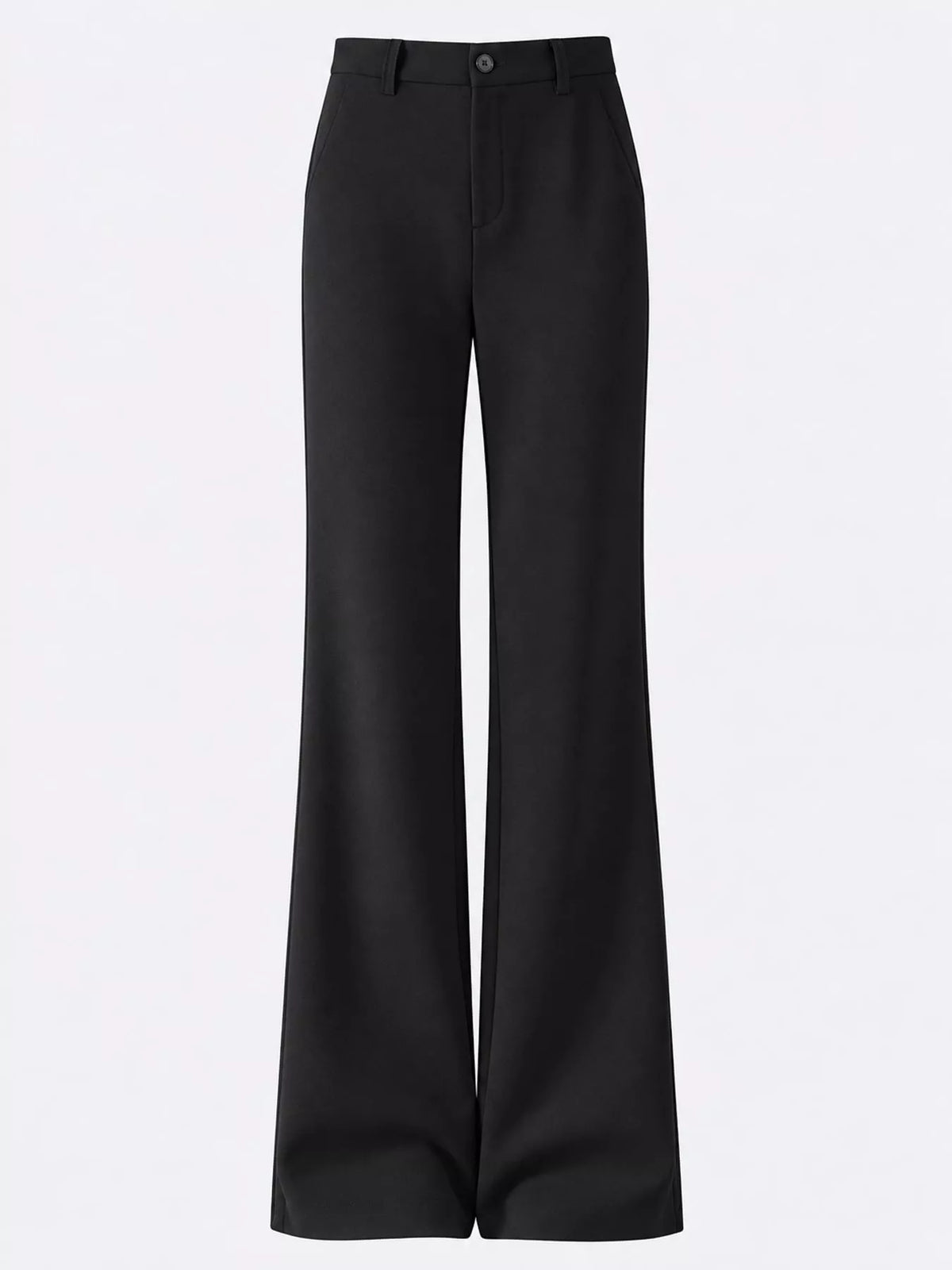 Black wide-leg trousers with a high waist and button closure, shown on a plain light gray background.