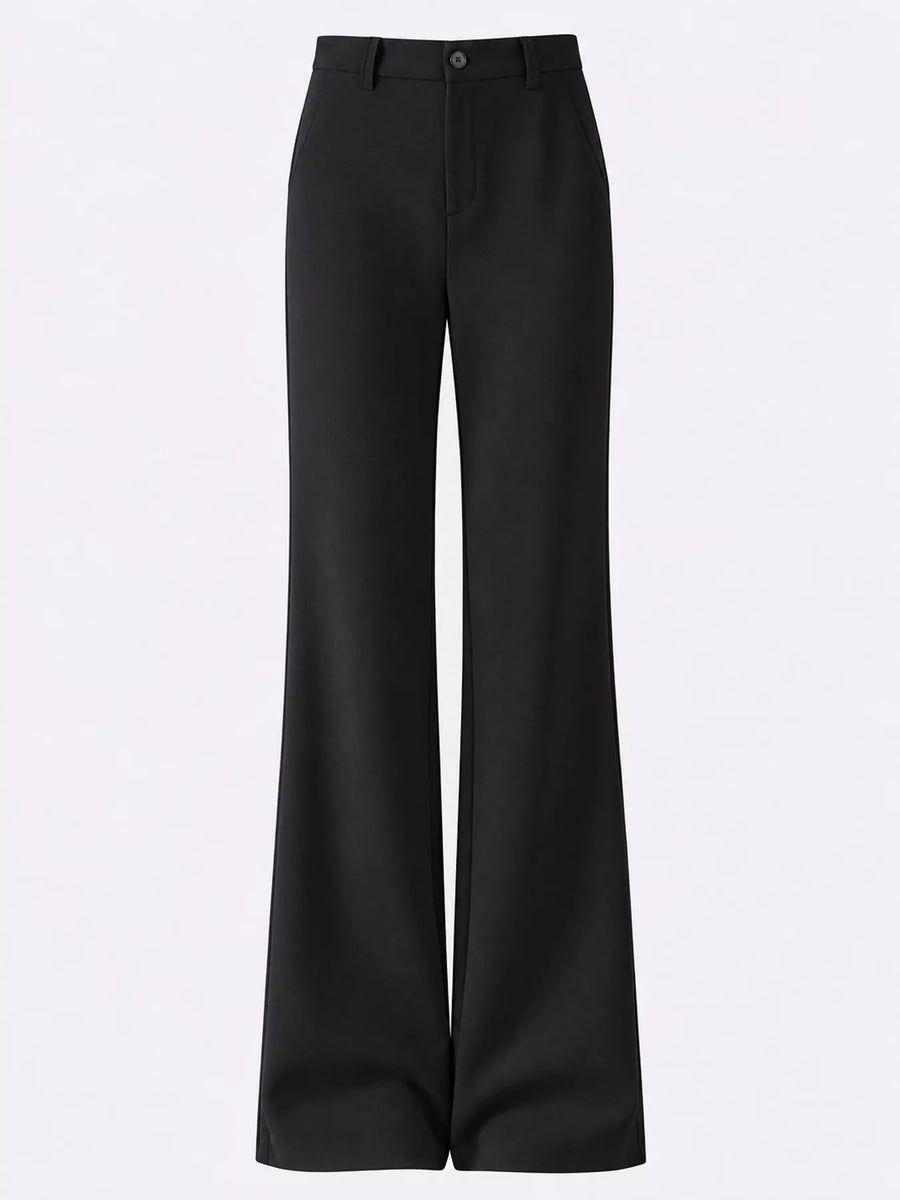 Black wide-leg trousers with a high waist and button closure, shown on a plain light gray background.