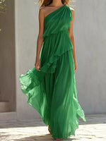 A model weraing a green One-Shoulder Ruffled Chiffon Maxi Dress