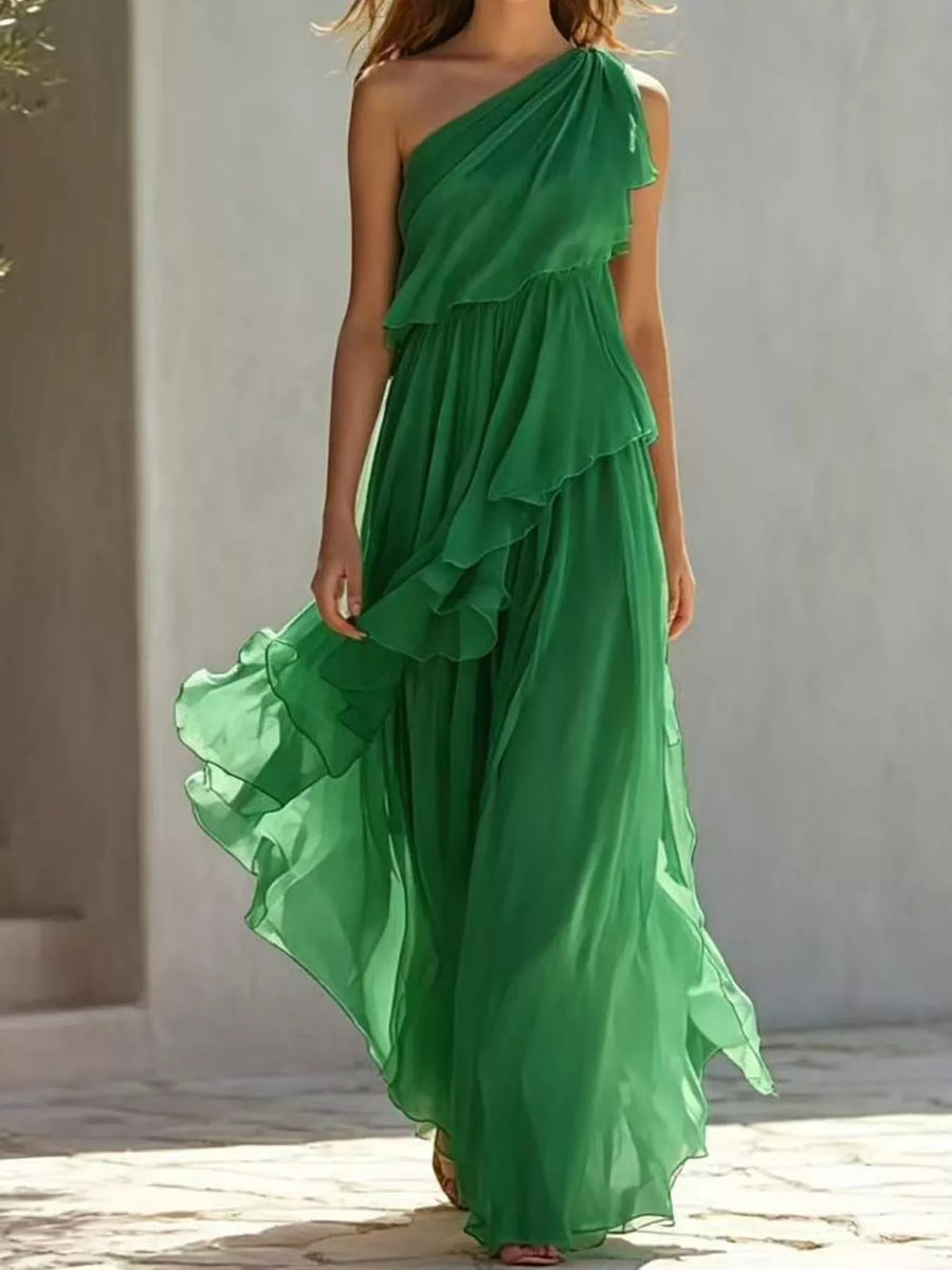 A model weraing a green One-Shoulder Ruffled Chiffon Maxi Dress