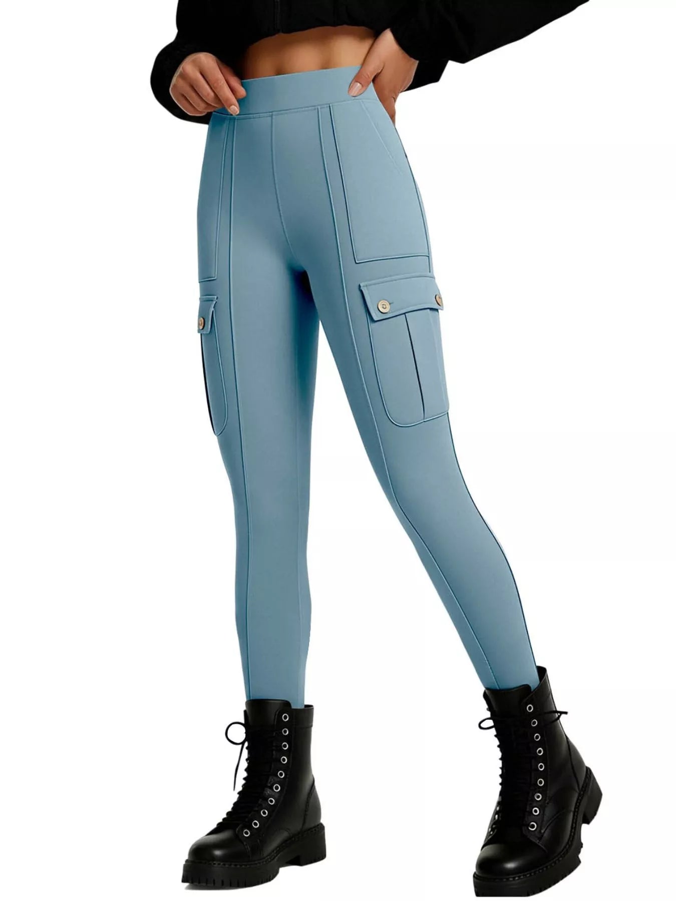 Light blue cargo leggings worn by a person on a white background