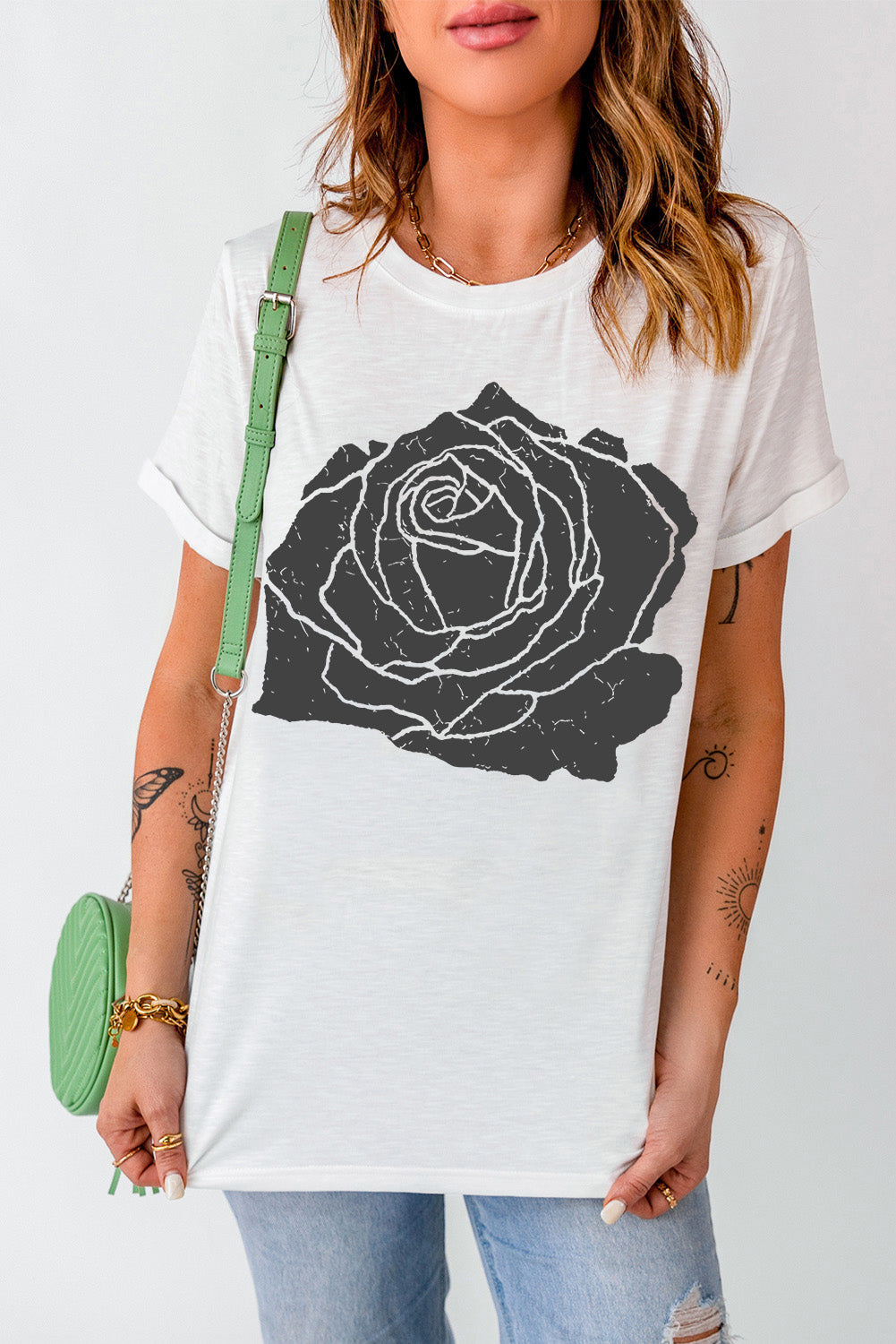 Full view of Rose Graphic Round Neck Short Sleeve T-Shirt