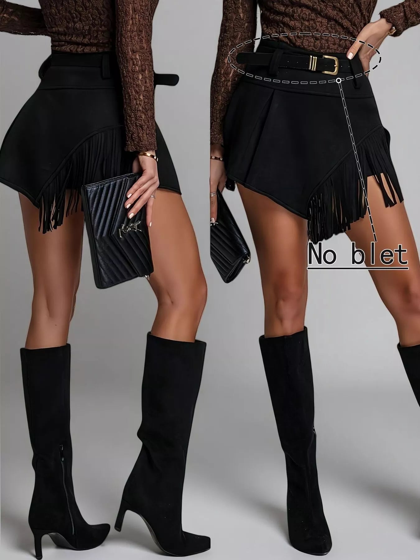 Person wearing a brown patterned top, black fringed skirt, and black knee-high boots on a gray background.