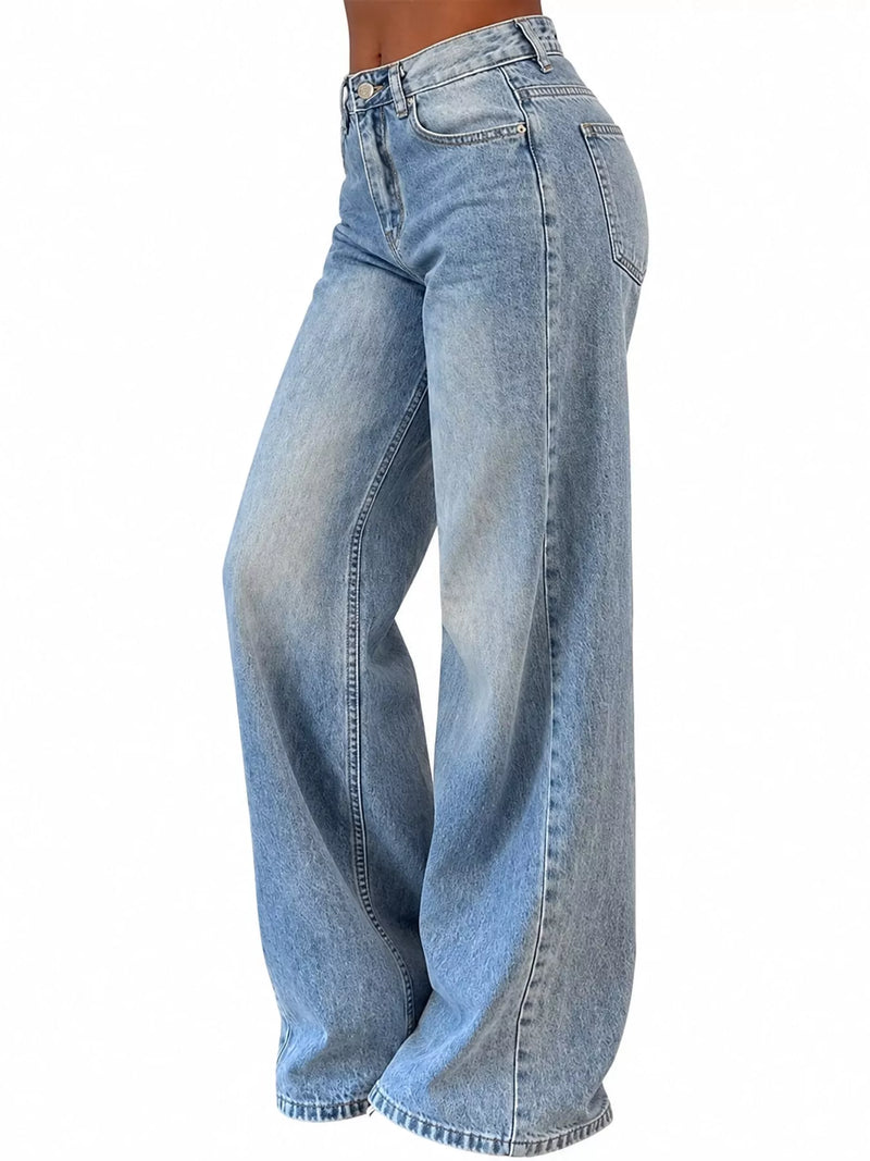 Light blue wide-leg denim jeans shown on a model from a side profile view against a plain white background.