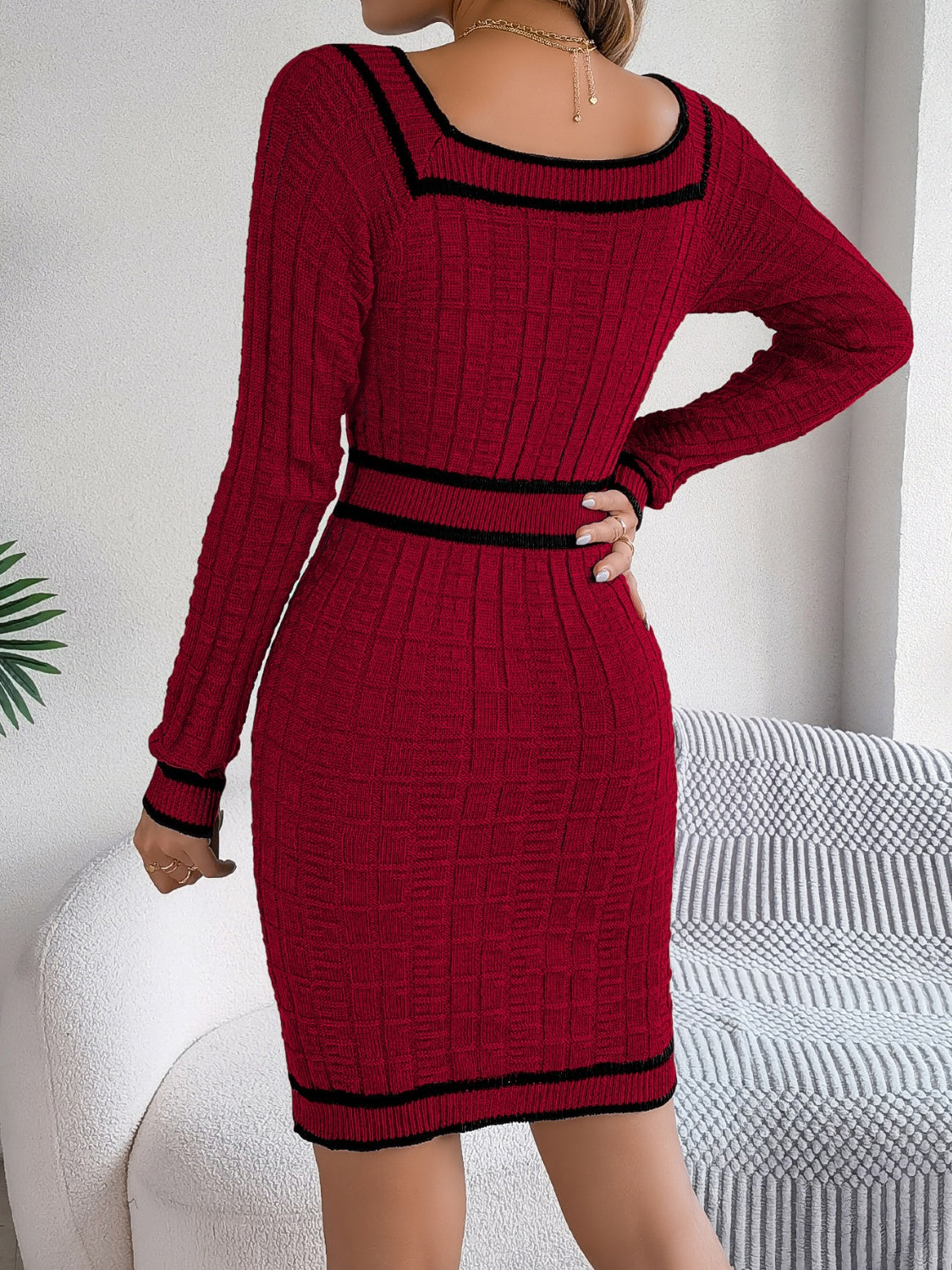 Back view of red Contrast Trim Long Sleeve Sweater Dress