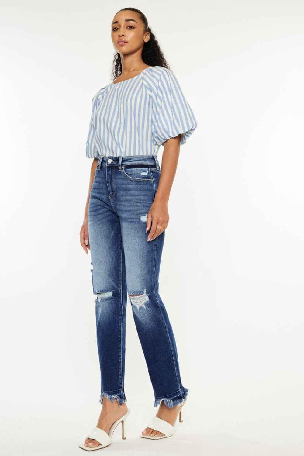 Front view of Kancan High Rise Distressed Slim Straight Jeans