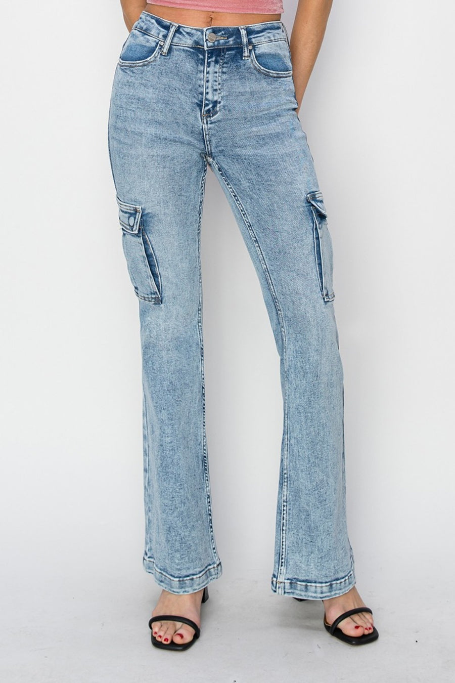 Front view of RISEN Full Size High Rise Cargo Flare Jeans