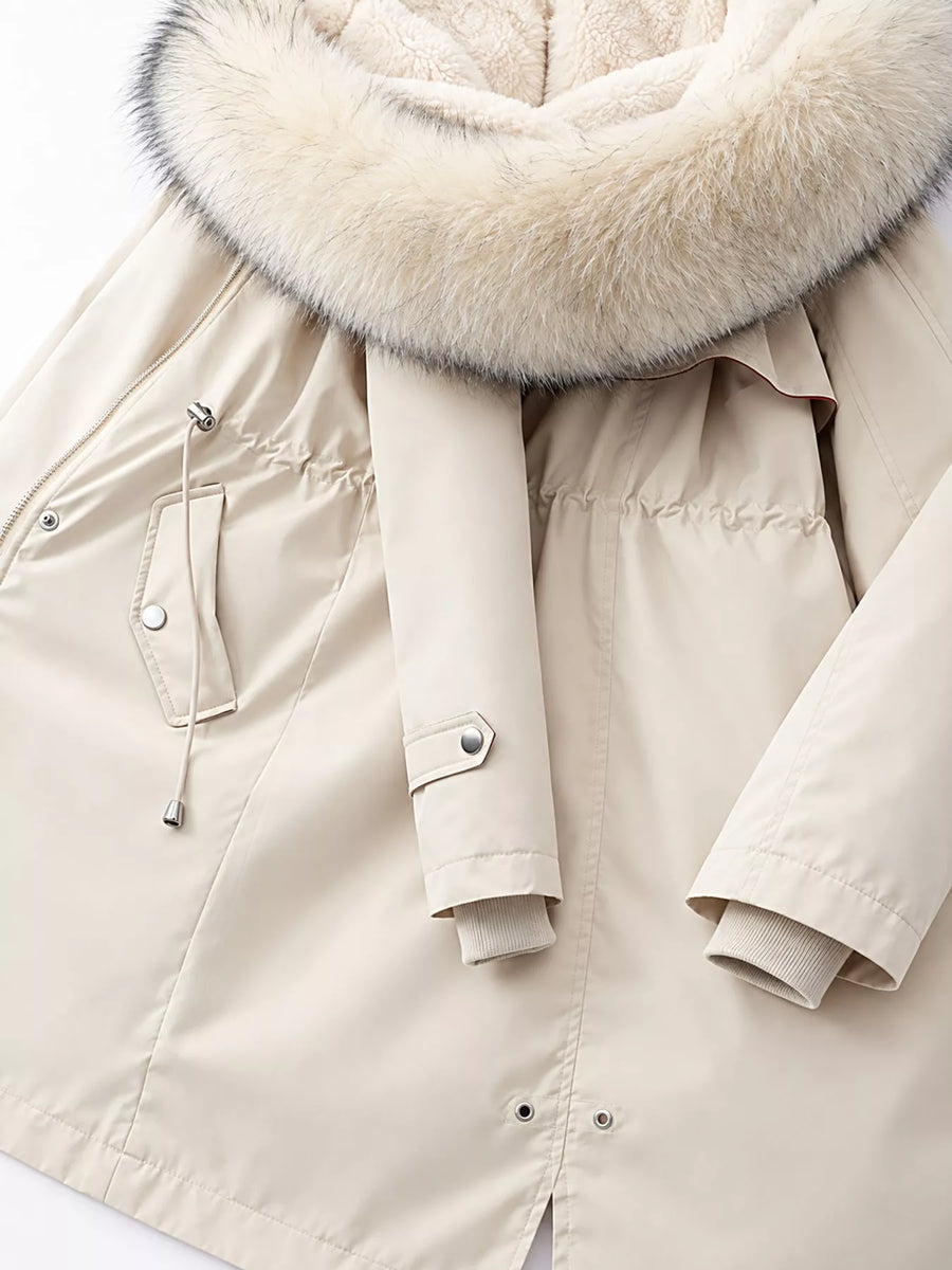 A back view of Women's Detachable Longline Hooded Parka with Faux Fur Trim and Drawstring Waist