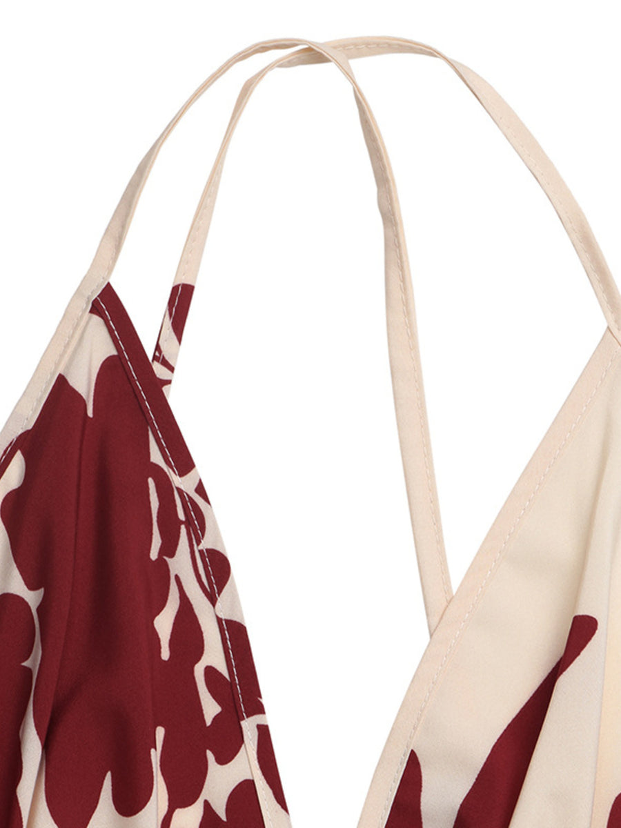 Beige and red patterned apron with straps on a white background