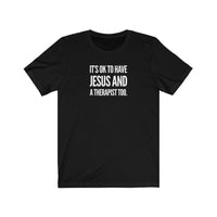 Black t-shirt with white text on a white background