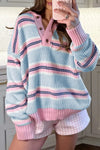Stripe Striped Button Collar Long Sleeve Shift Fit Winter Knitwear Sweater