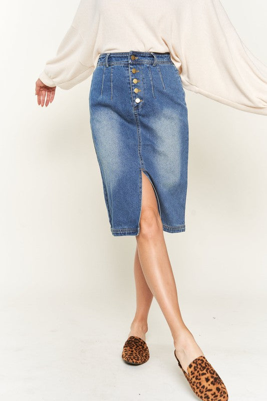 Model showing front split in the Denim button down front midi skirt 