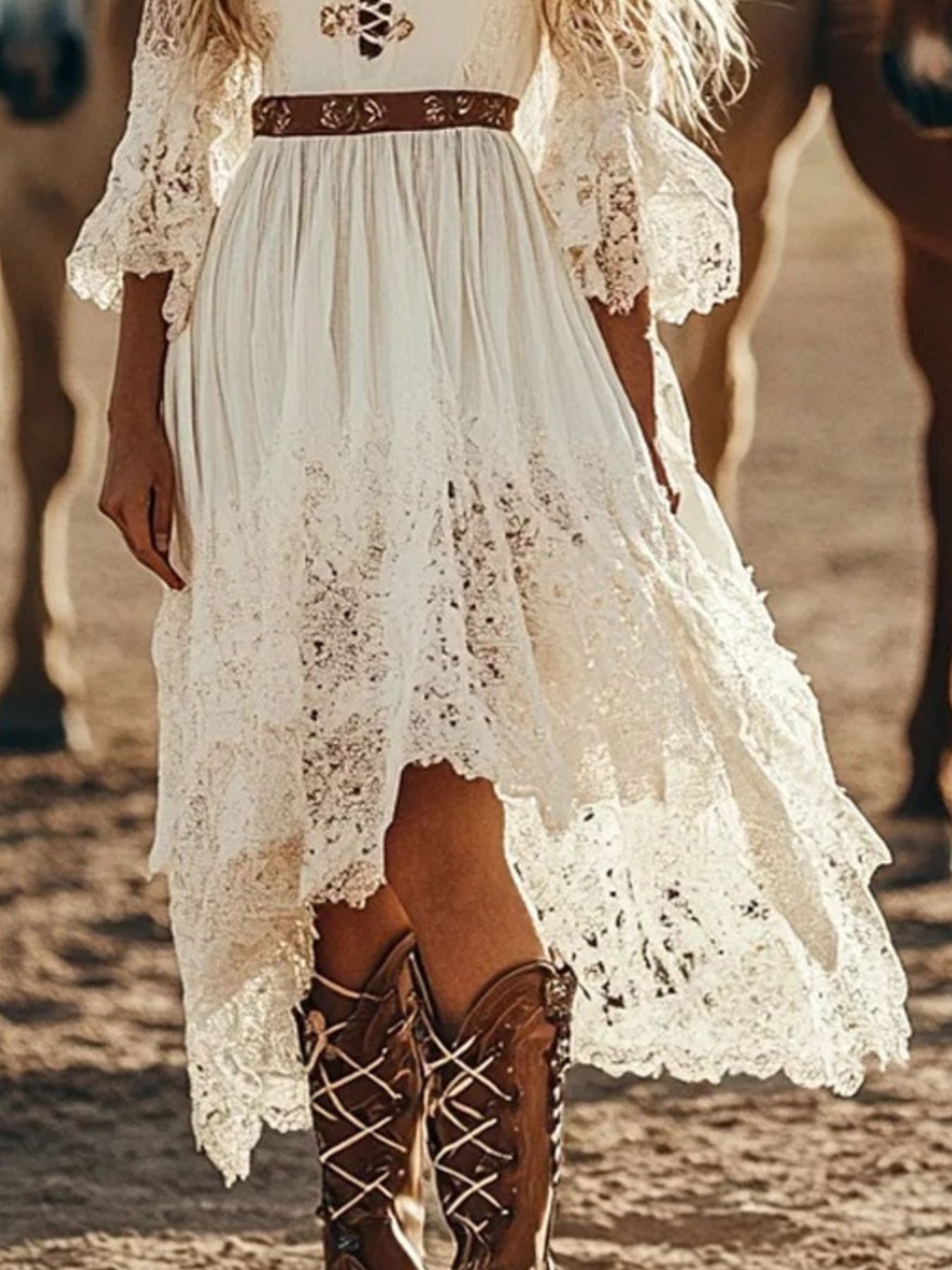 Person wearing a white lace dress with brown boots standing in a desert-like setting.