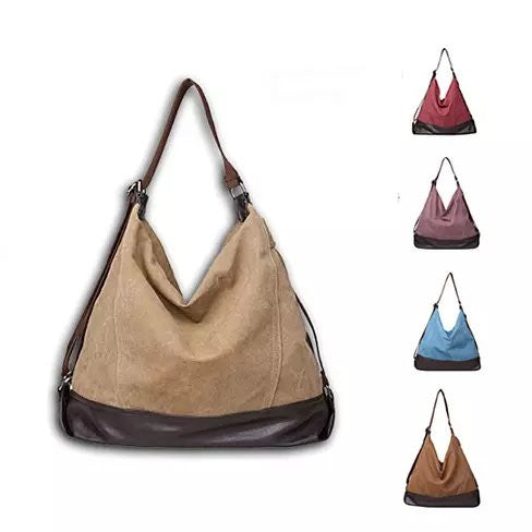 A collection of A line shoulder bags in various colors including beige, brown, blue, and red, with a two-tone design - canvas material with leather at the base.