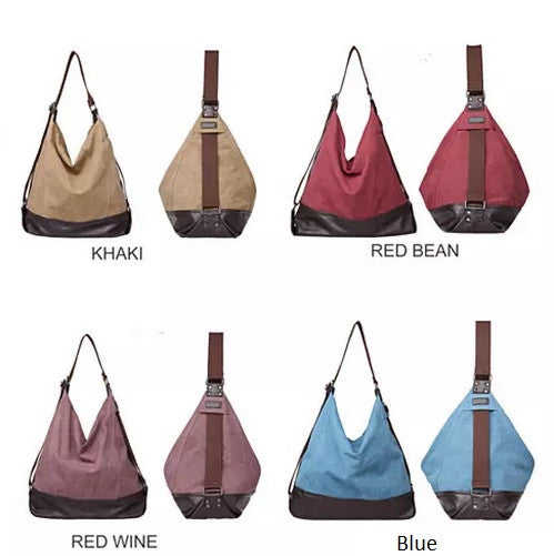 A collection of A line shoulder bags in various colors including beige, brown, blue, and red, with a two-tone design - canvas material with leather at the base.
