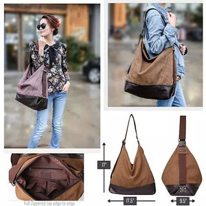 A woman showing the front, side view of a line shoulder bag