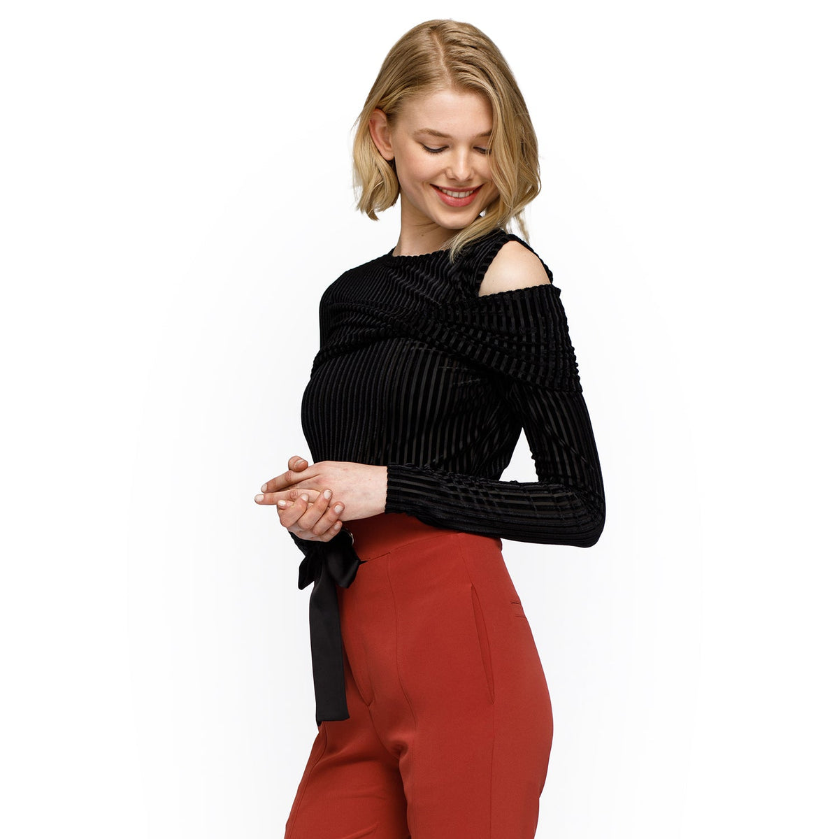 Women's Open Shoulder Stripe Velvet Top