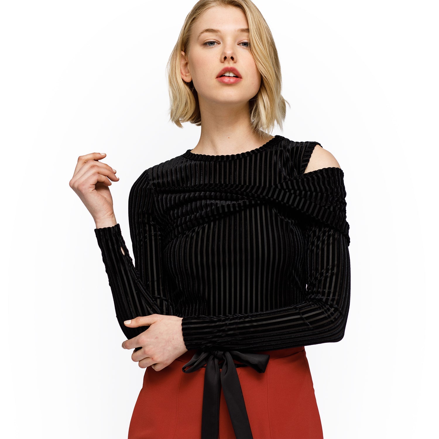 Women's Open Shoulder Stripe Velvet Top