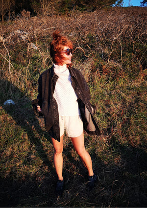 full body view of woman in SWEATER TURTLENECK - KNIT PEARL beige