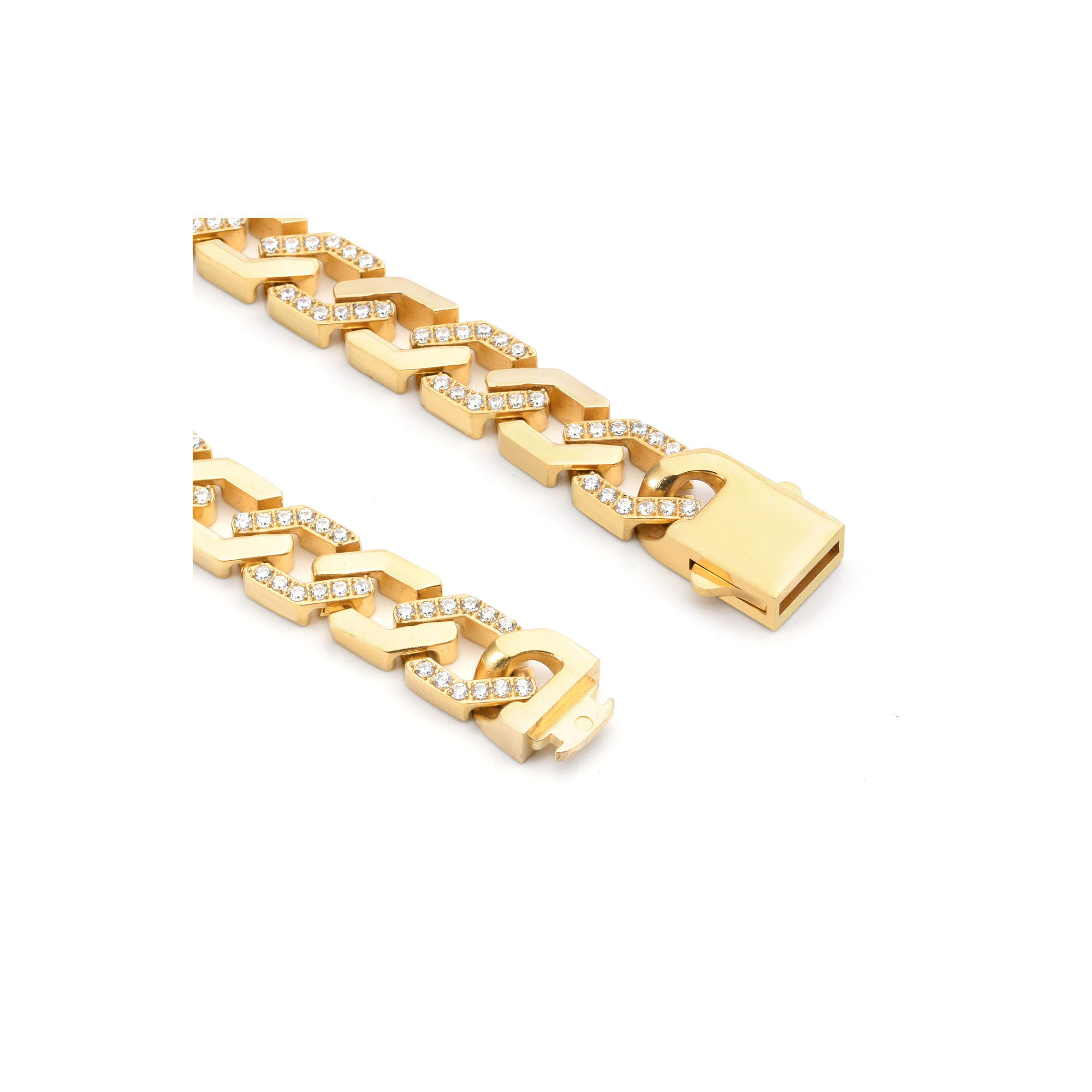 A view of link on B.Tiff Pavé High Polish Gold Flat Angular Cuban Link Bracelet