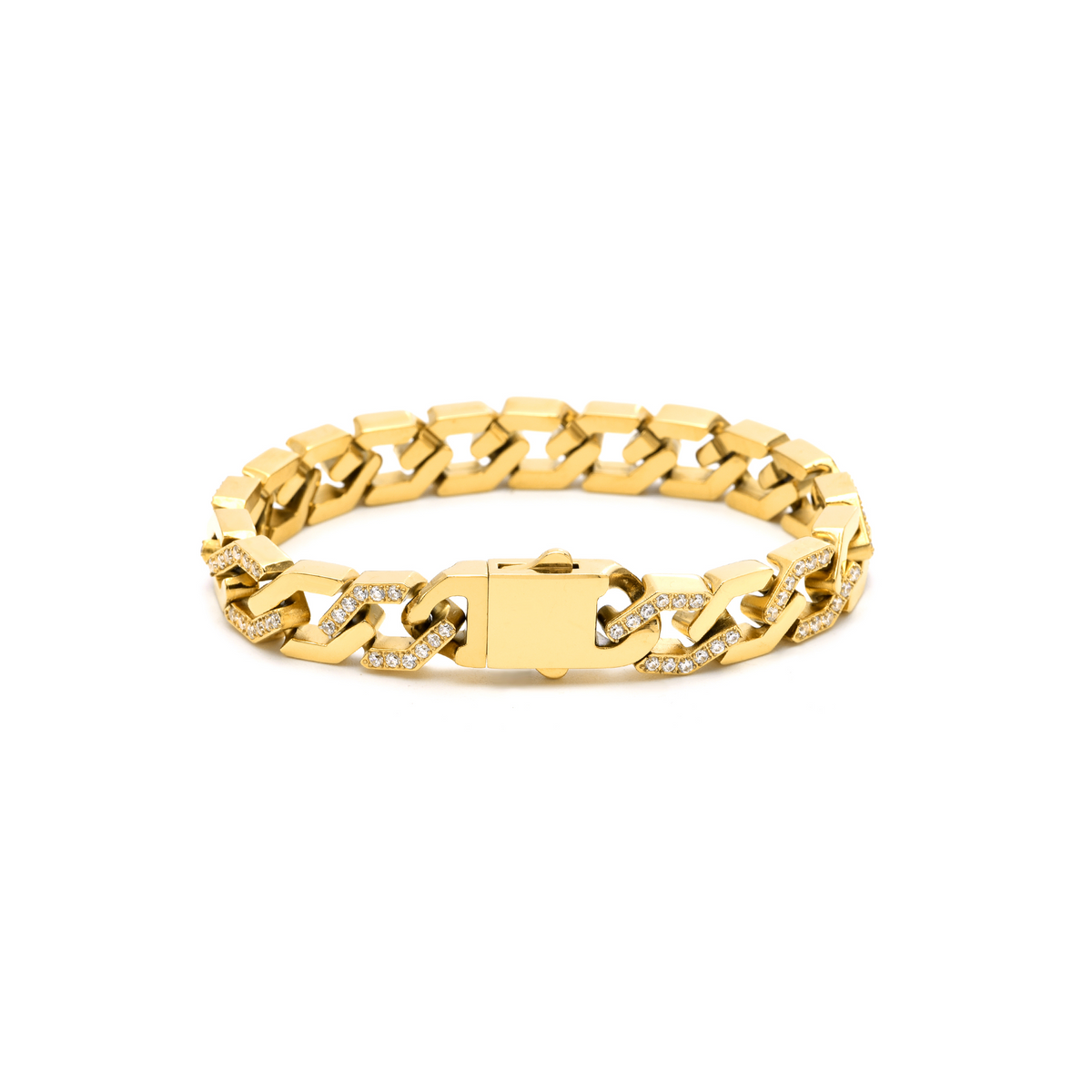 Full view of B.Tiff Pavé High Polish Gold Flat Angular Cuban Link Bracelet