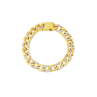 A gold flat angular Cuban link bracelet with sparkling diamond alternatives, featuring a secure clasp.