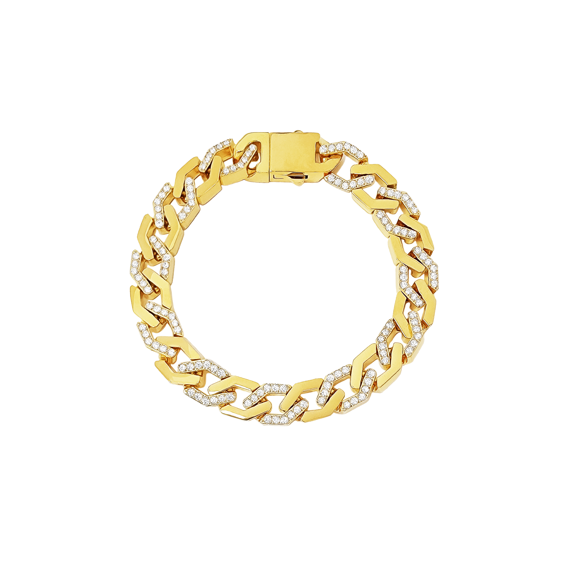 A gold flat angular Cuban link bracelet with sparkling diamond alternatives, featuring a secure clasp.
