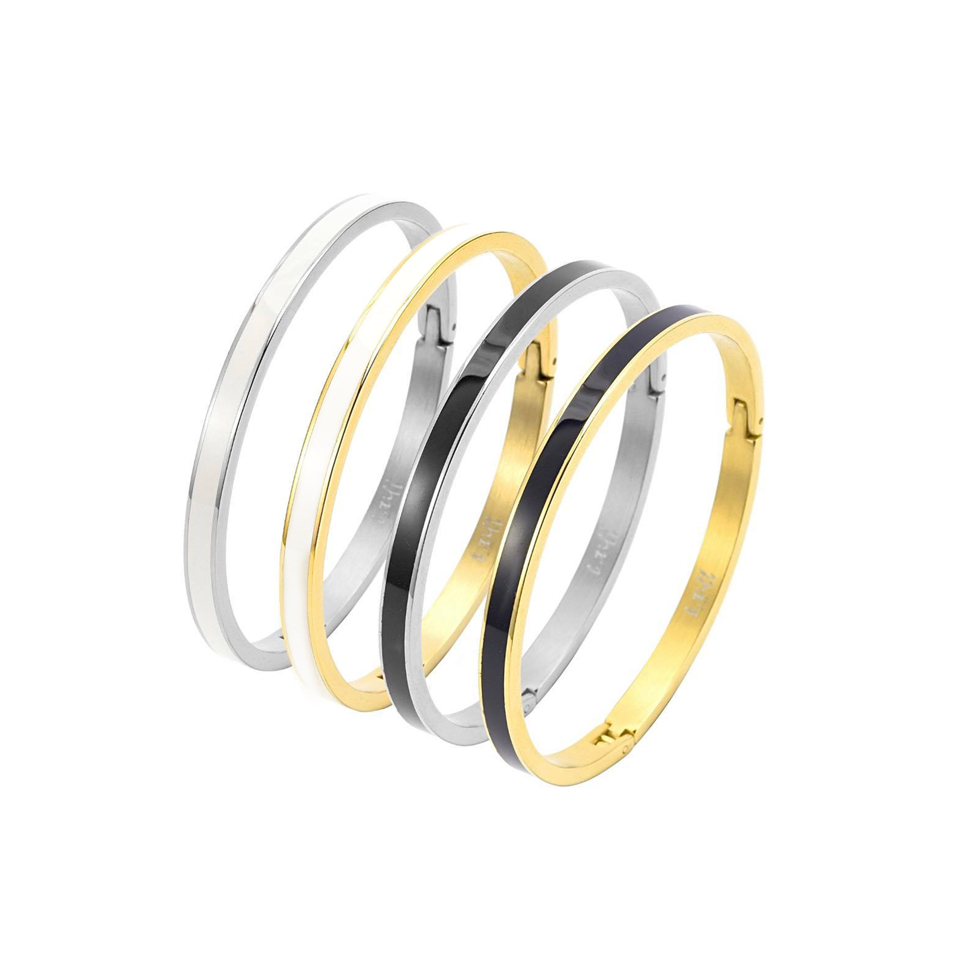 A view of four B.Tiff "The Hamptons" White Enamel Gold Bangle Bracelet