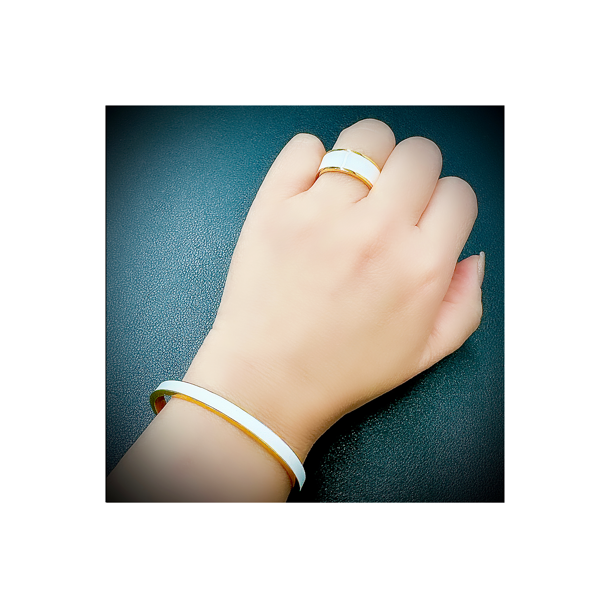 Woman wearing B.Tiff "The Hamptons" White Enamel Gold Bangle Bracelet