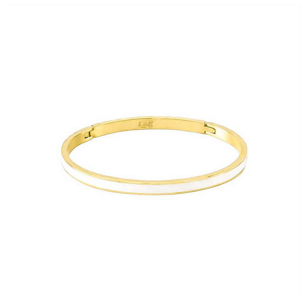 A gold-colored bangle bracelet with a white enamel center, displayed against a white background.