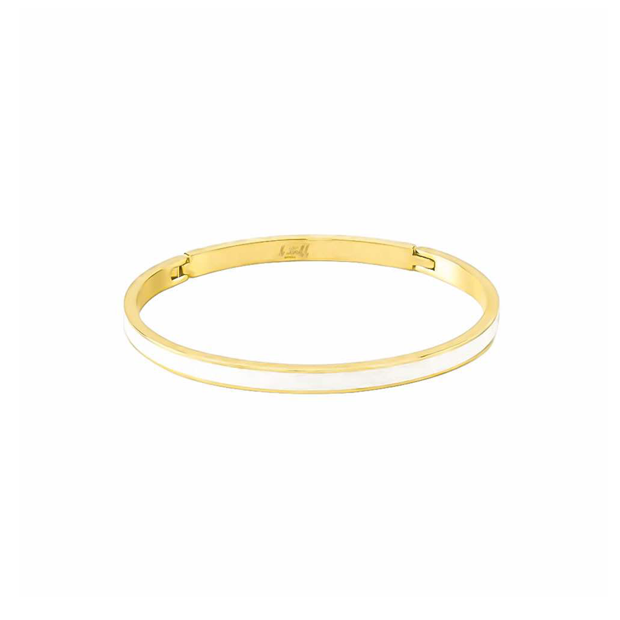 A gold-colored bangle bracelet with a white enamel center, displayed against a white background.