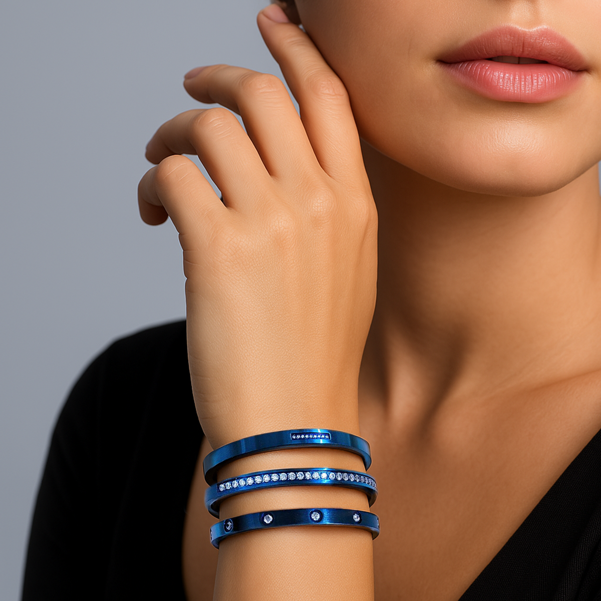Model wearing B.Tiff 8-Stone Blue Bangle Bracelet