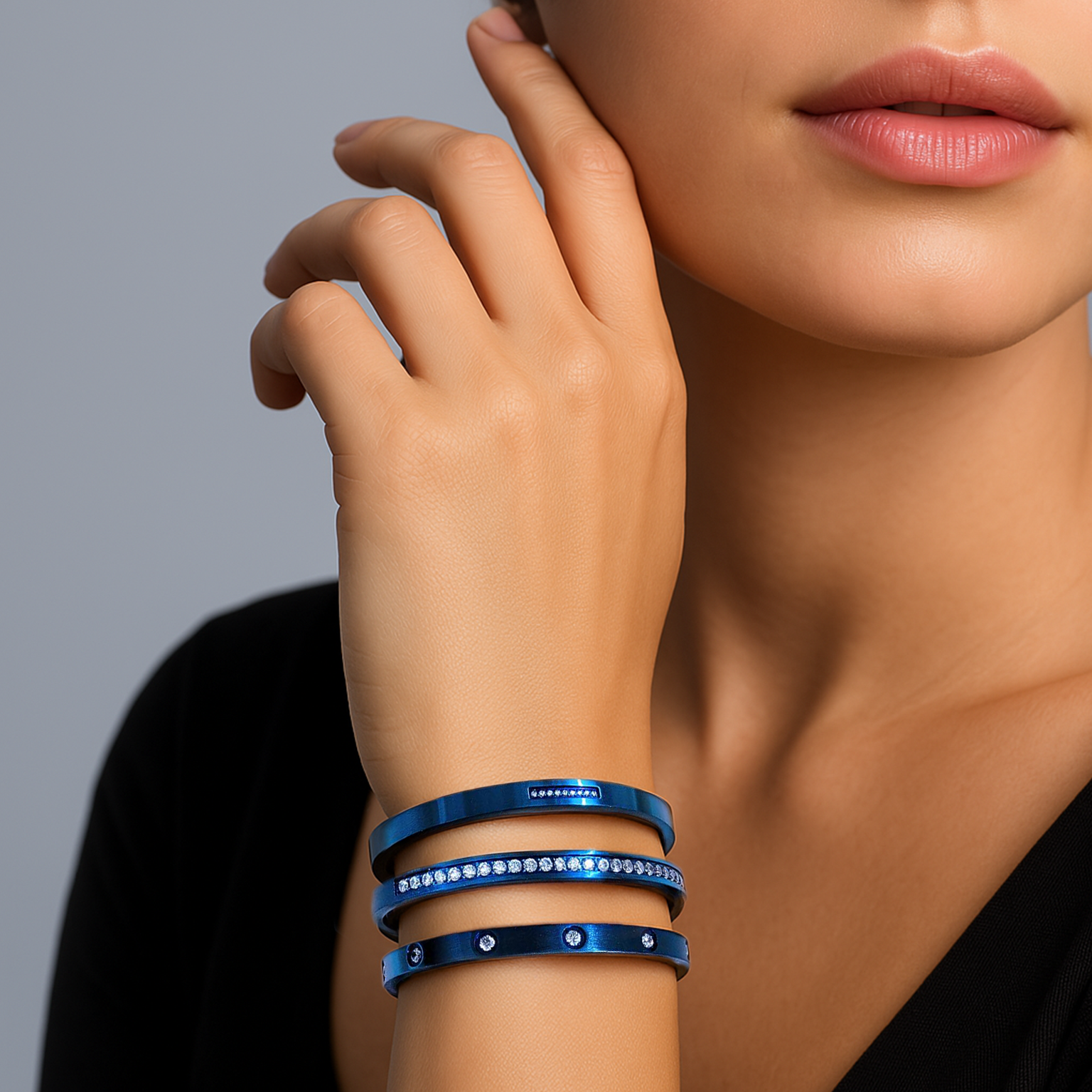 Model wearing B.Tiff 8-Stone Blue Bangle Bracelet