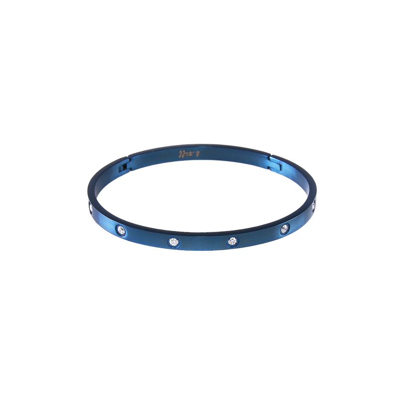 A blue bangle bracelet with stone embellishments, branded by B.Tiff New York.