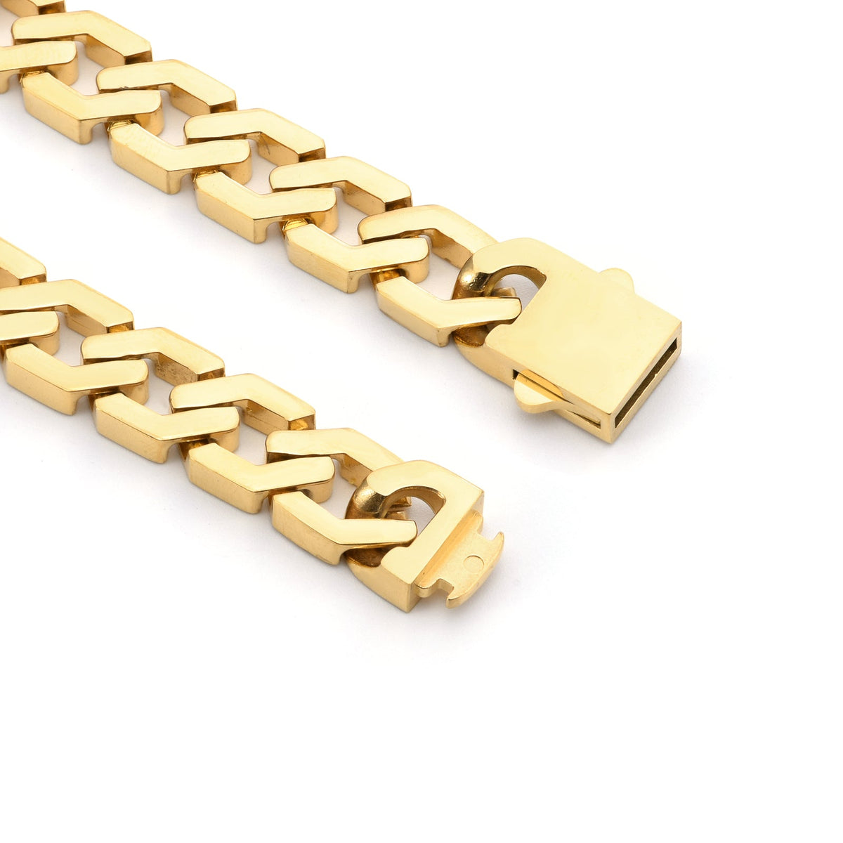 Close up view of B.Tiff Gold High Polish Flat Angular Cuban Link Necklace