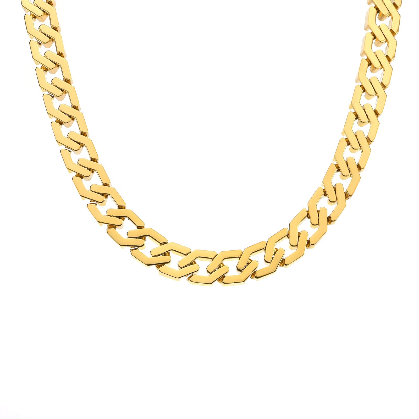A gold high polish flat angular Cuban link necklace with a clasp, laid out on a plain background.