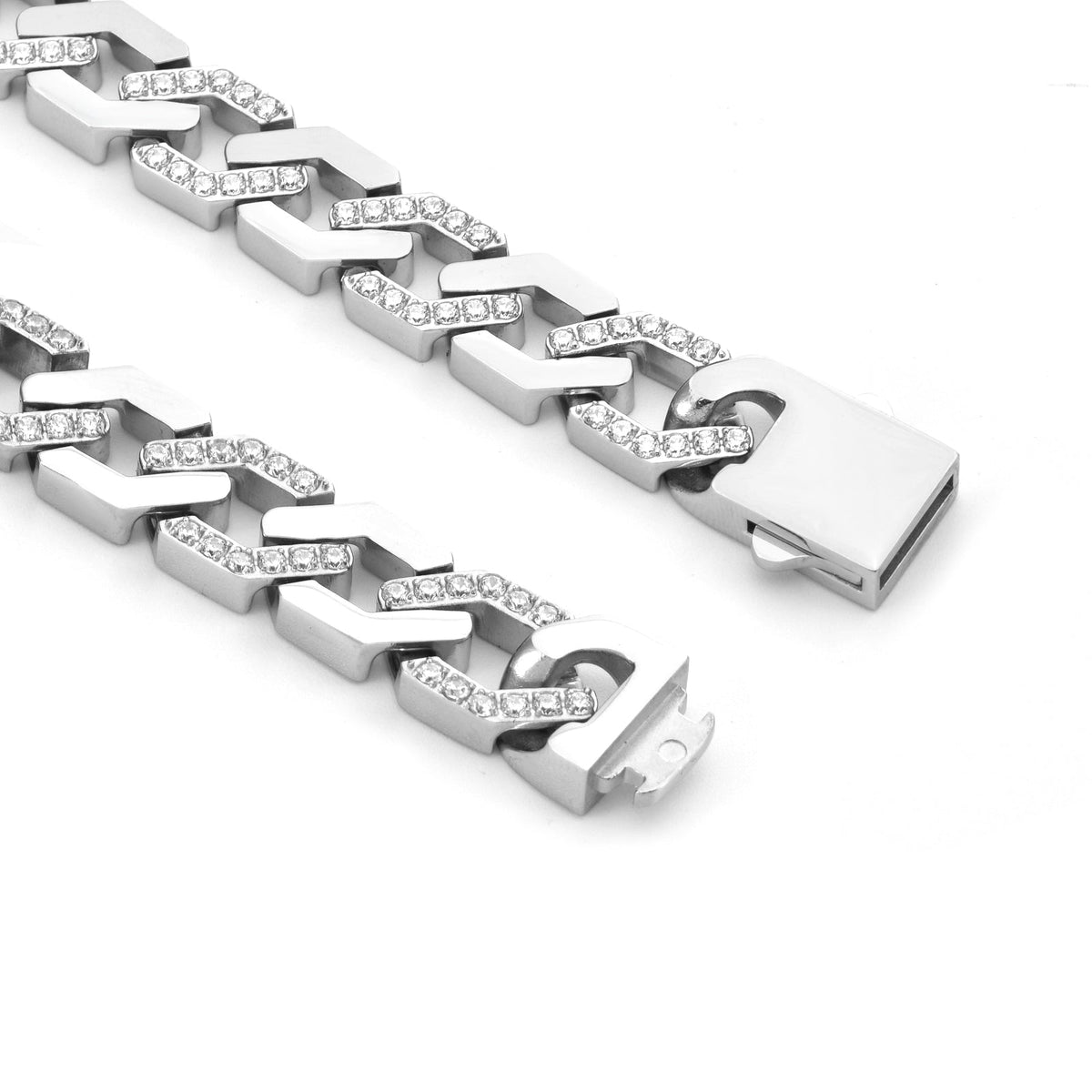 A close up view of link on B.Tiff Pavé High Polish Flat Angular Cuban Link Necklace