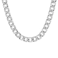 A silver-colored flat angular Cuban link necklace with pavé diamond alternatives.