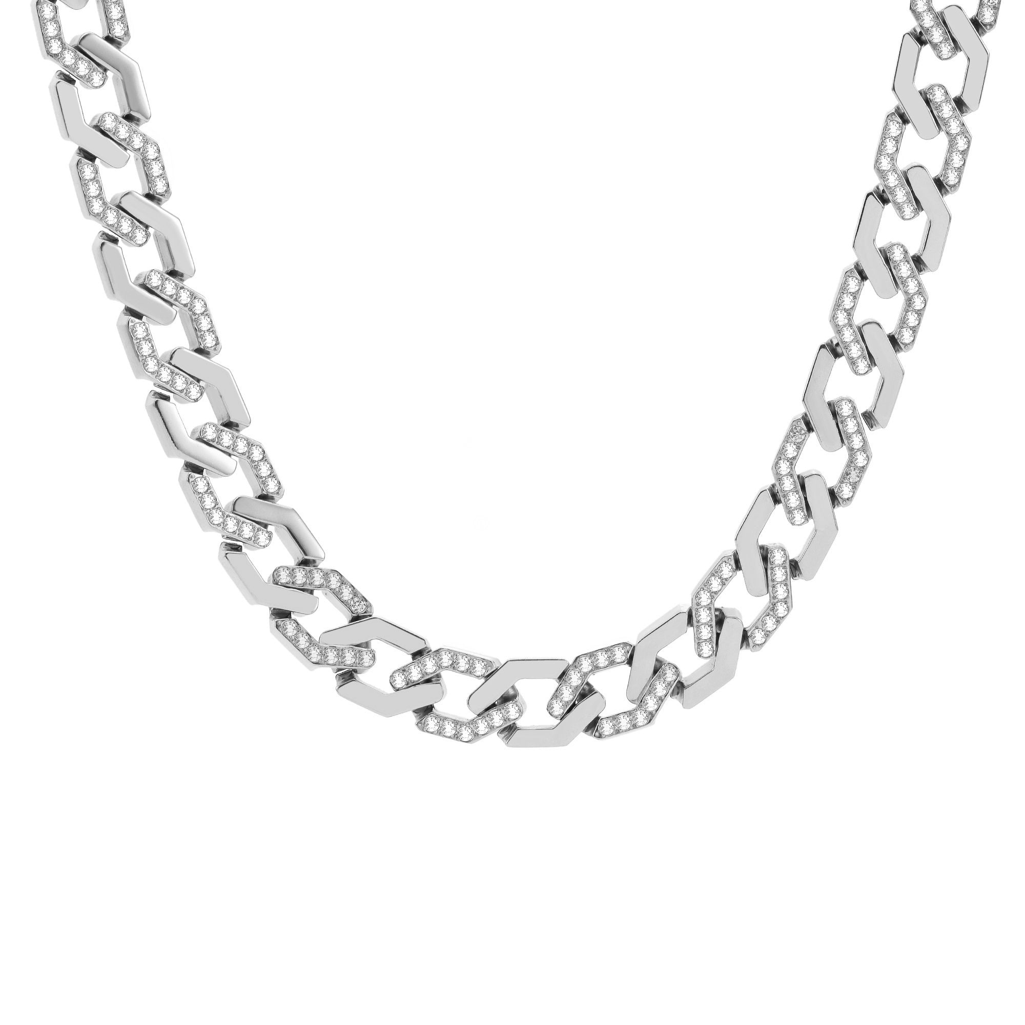 A silver-colored flat angular Cuban link necklace with pavé diamond alternatives.