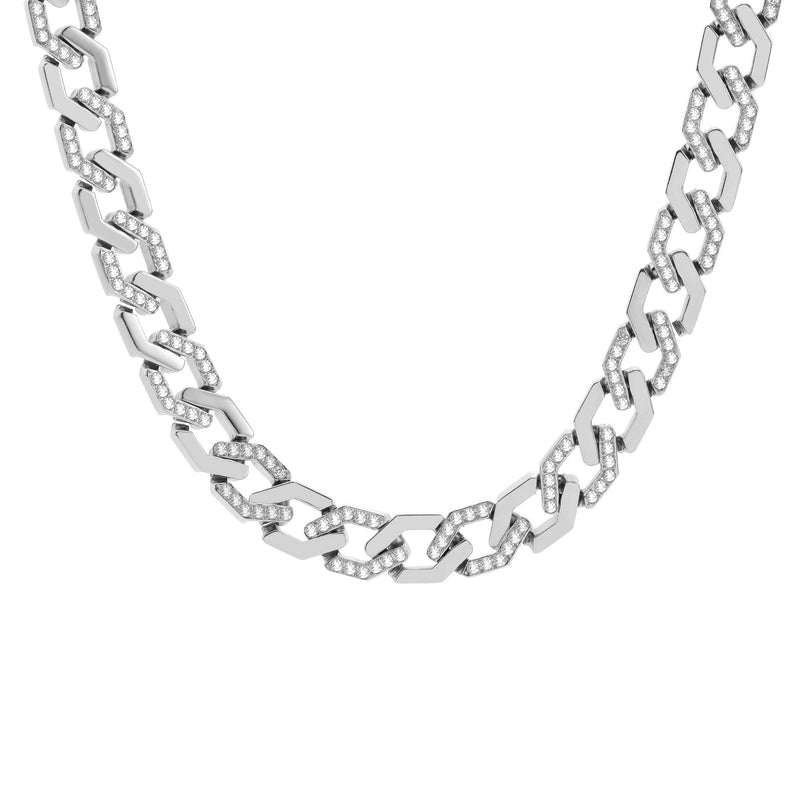 A silver-colored flat angular Cuban link necklace with pavé diamond alternatives.