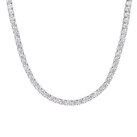 A tennis necklace with silver color and clear hand-paved stones.