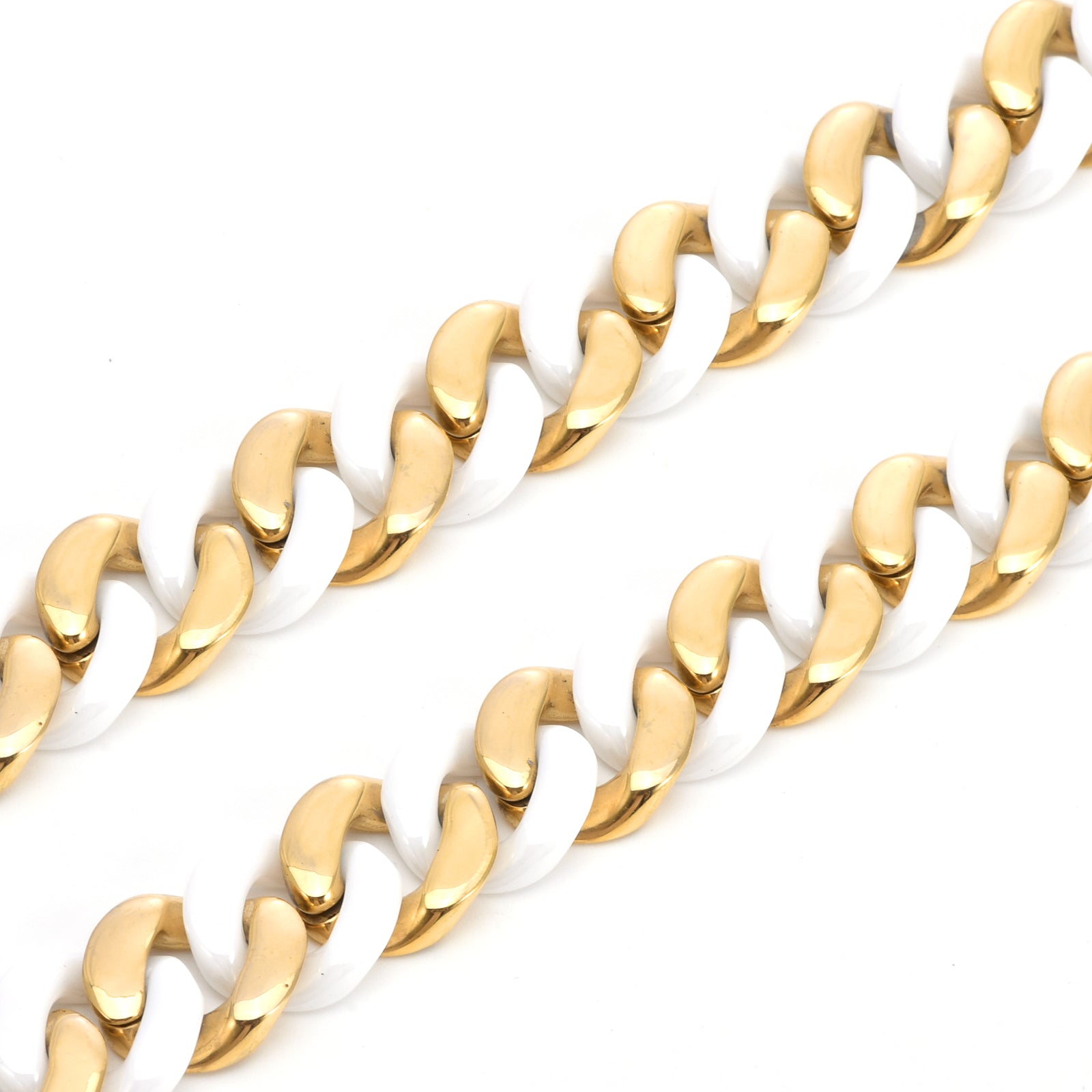 Close up view of B.Tiff 16mm 2-Tone Gold Plated White Ceramic Flat Cuban Link Necklace
