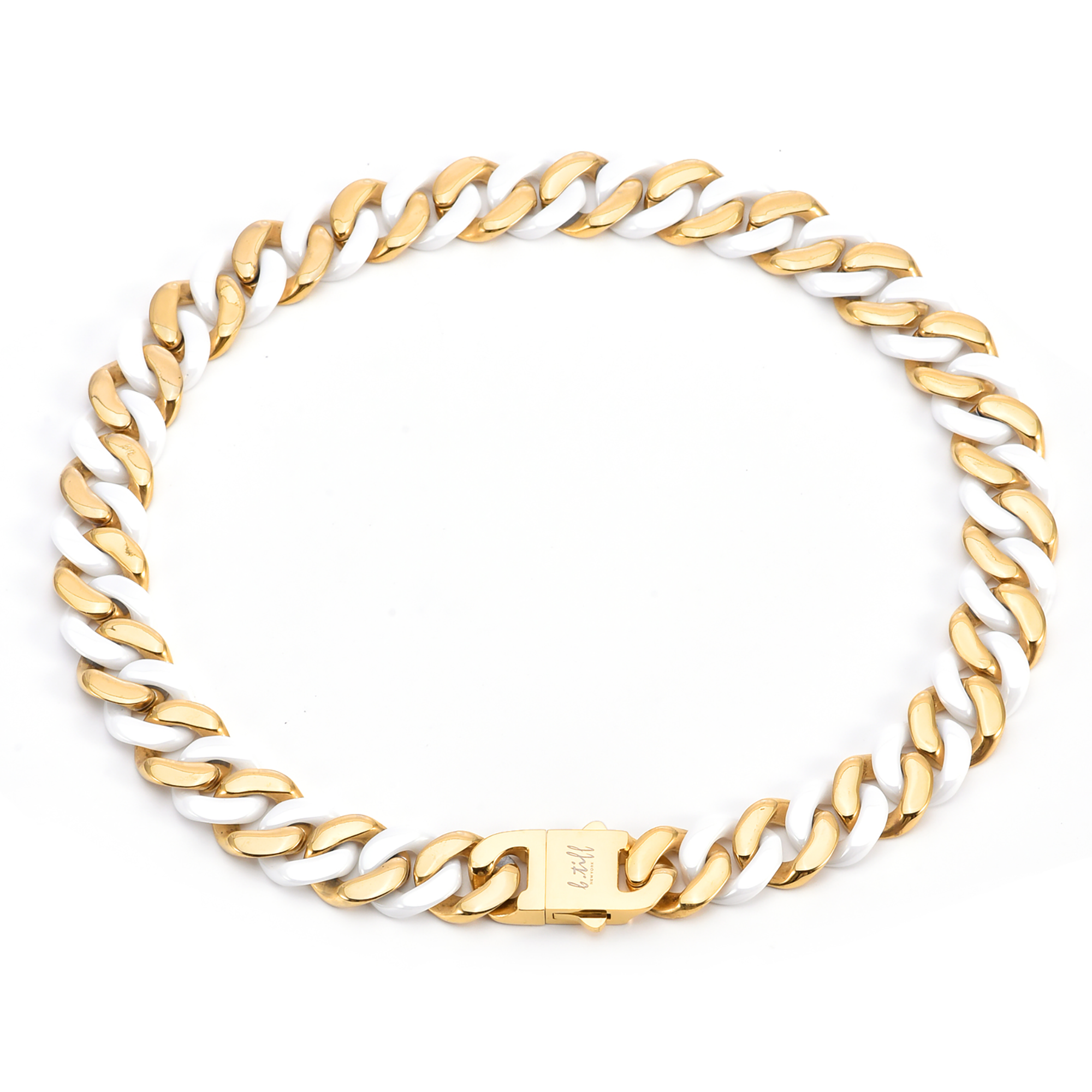 A full view of B.Tiff 16mm 2-Tone Gold Plated White Ceramic Flat Cuban Link Necklace