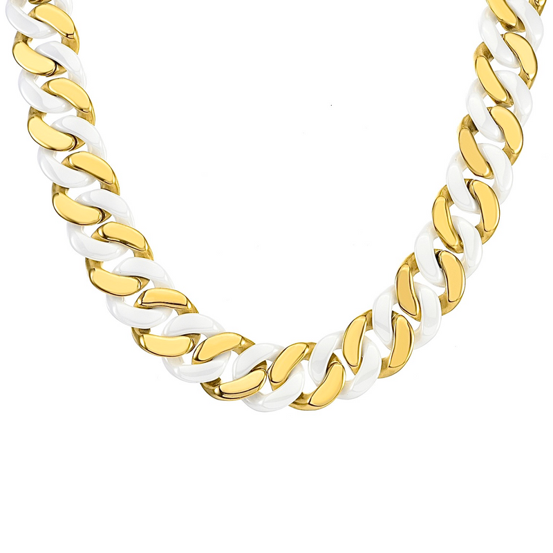 A 2-tone gold plated white ceramic flat cuban link necklace with a gold and white color scheme.